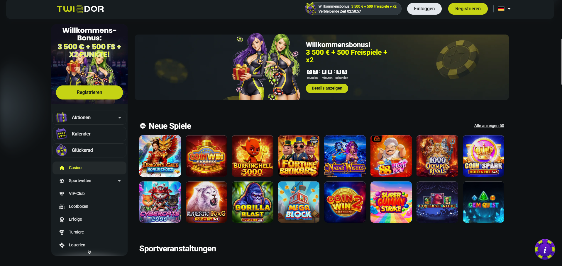 Twindor Casino Aktionen und neue Slots